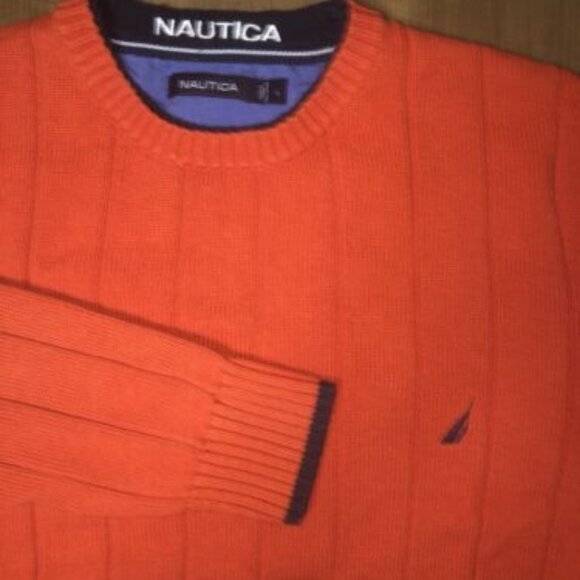 Nautica Mens Orange Heavy Pullover Long Sleeve Sweater Size L With Logo Sailing - Picture 1 of 8